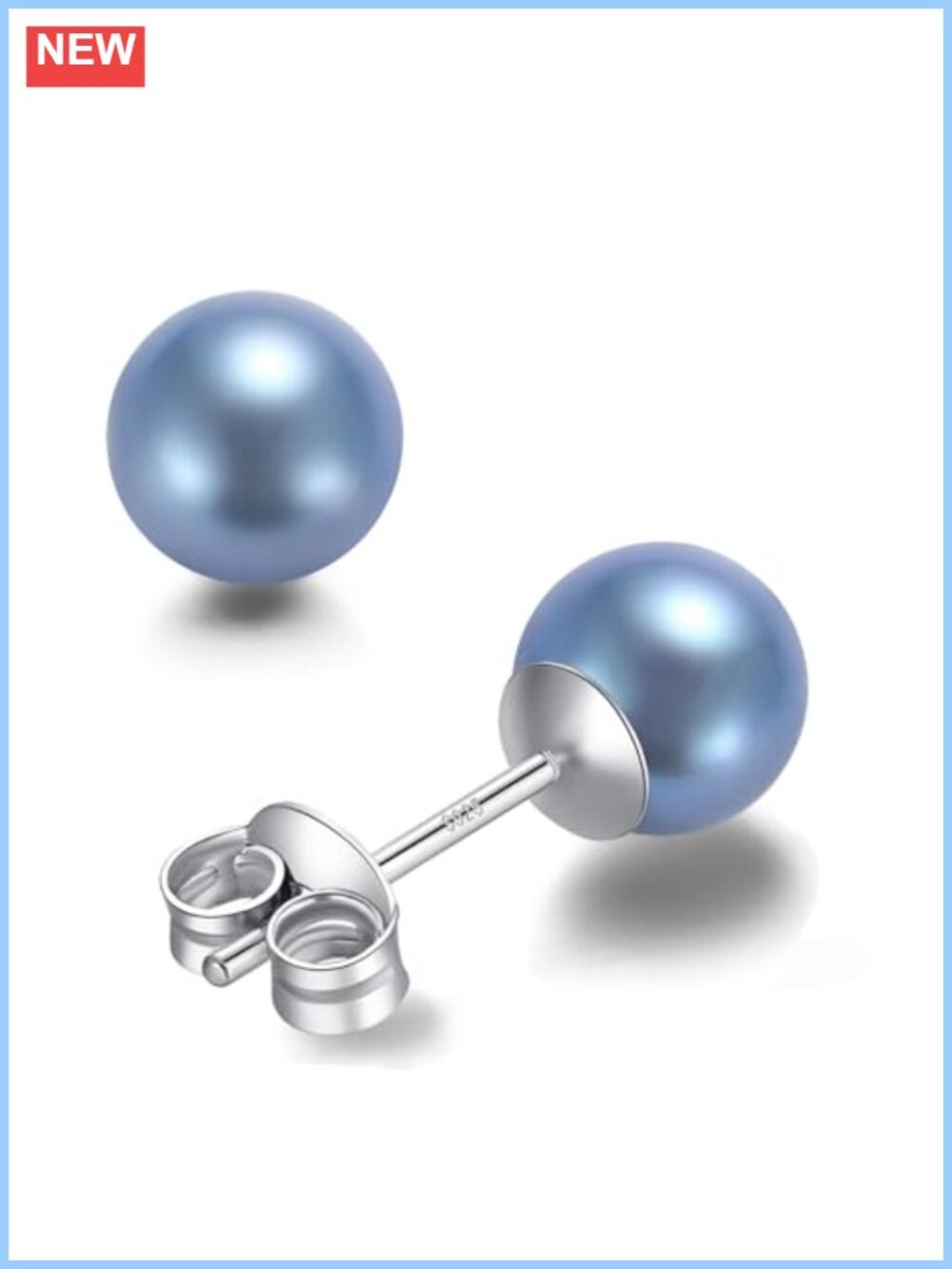 Blue Akoya Cultured Pearl Stud Earrings 925 Sterling Silver 18K White Gold